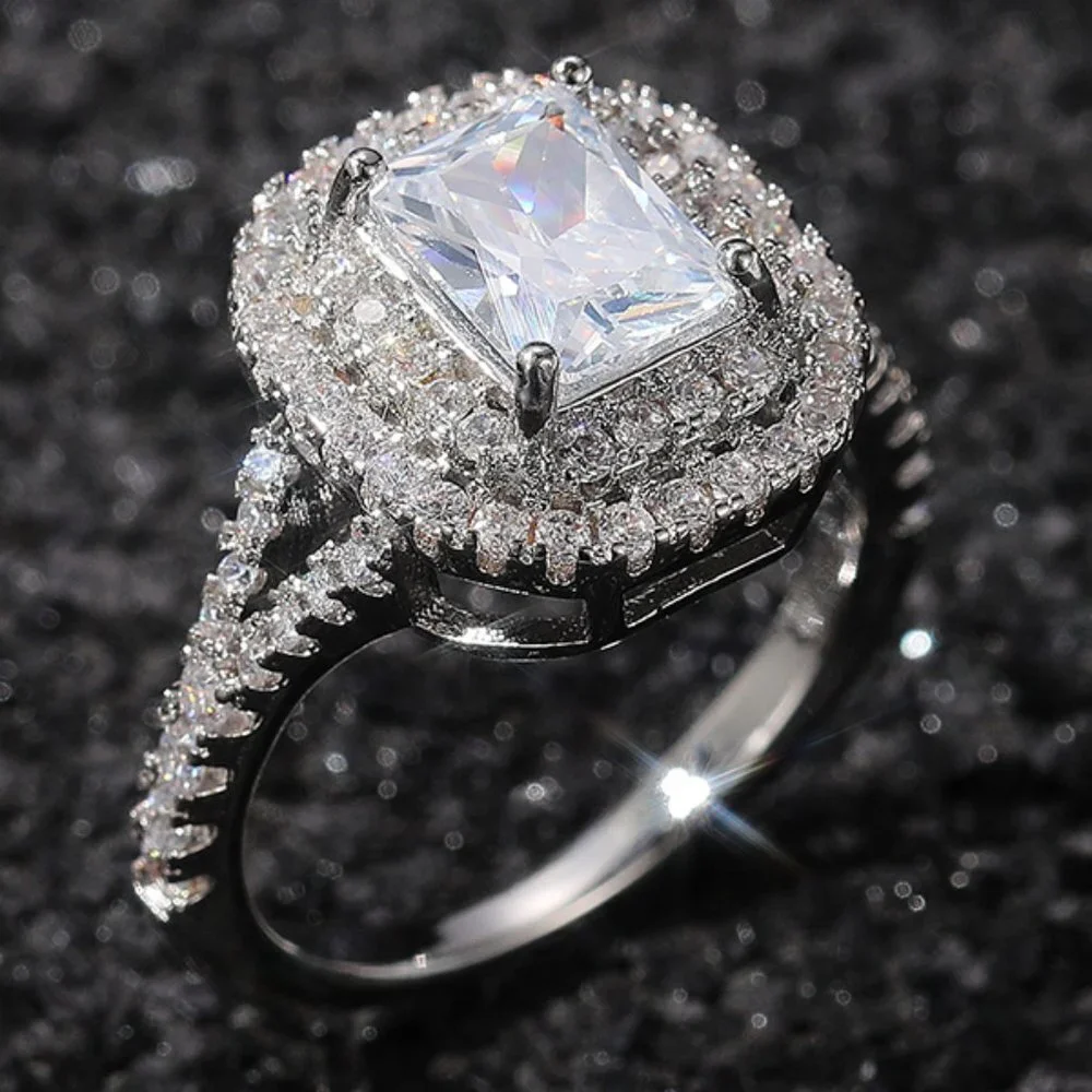 💥DOUBLE LAYER 14K WHITE GOLD RADIANT CUT PURE CZ LUXURY WEDDING RING, K856